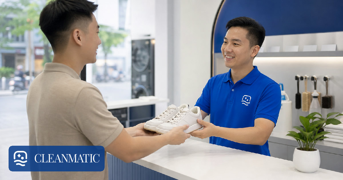 nhân viên tiếp nhận vệ sinh giày trong ngày Hà Nội