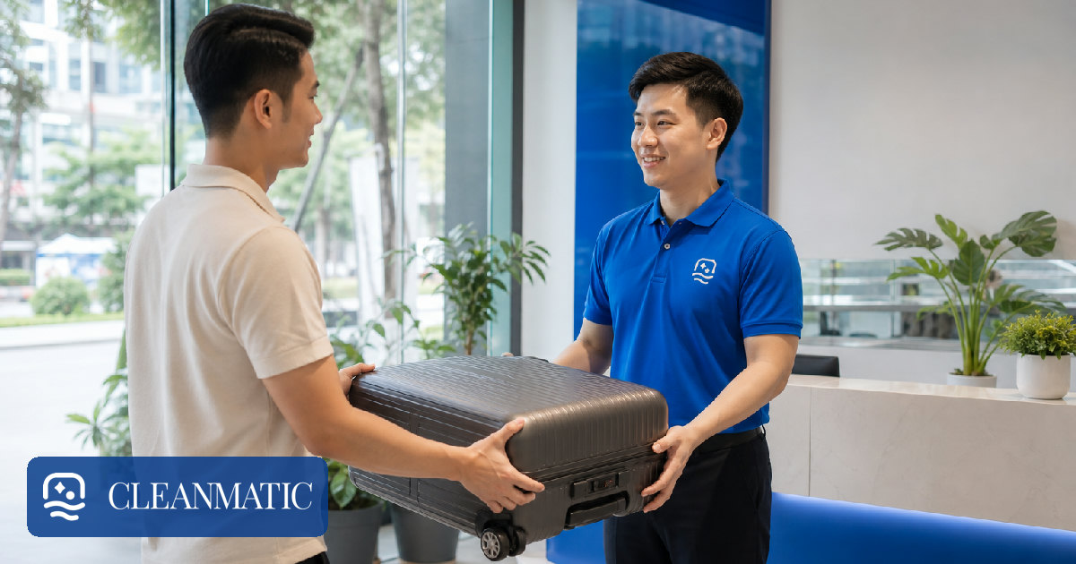 nhân viên vệ sinh vali du lịch Hà Nội tại quầy